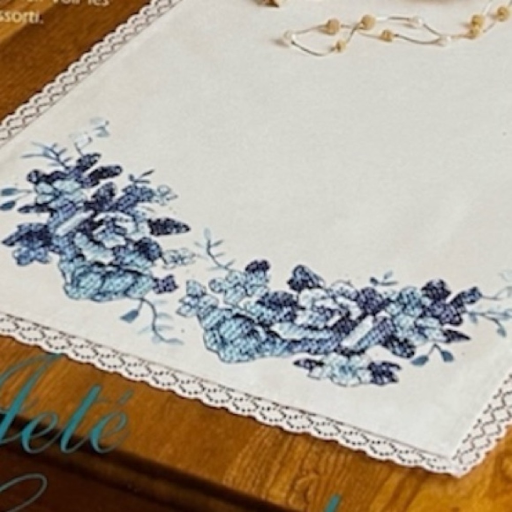 Table Runner with Blue Embroidery. Handmade. Dresser scarf. Blue white. New